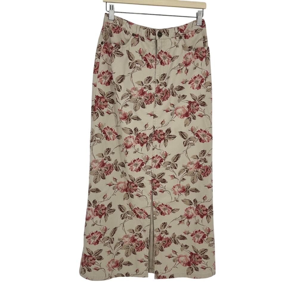 Vintage 90s Eddie Bauer Midi Skirt Size 10 Floral Cream Red Equestrian Preppy - Picture 2 of 10